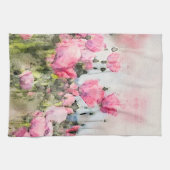 ピンクの花フローラ水彩アート キッチンタオル (横)