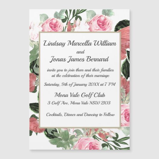 ピンクの花フローラ結婚式招待状マグネットカード マグネット招待状 (正面)
