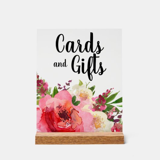 ピンクの花ブライダルシャワーカード&ギフト アクリルサイン (正面)