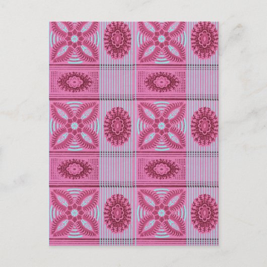 ピンクの花ブルーストライプヴィンテージアートパターン ポストカード (正面)