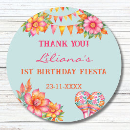 ピンクの花ブルーフェスタ1歳の誕生日のお祝い ラウンドシール