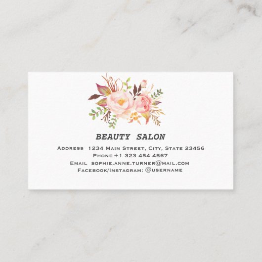 ピンクの花プロフェッショナルメイクアップヘアスタイル 名刺 (裏面)
