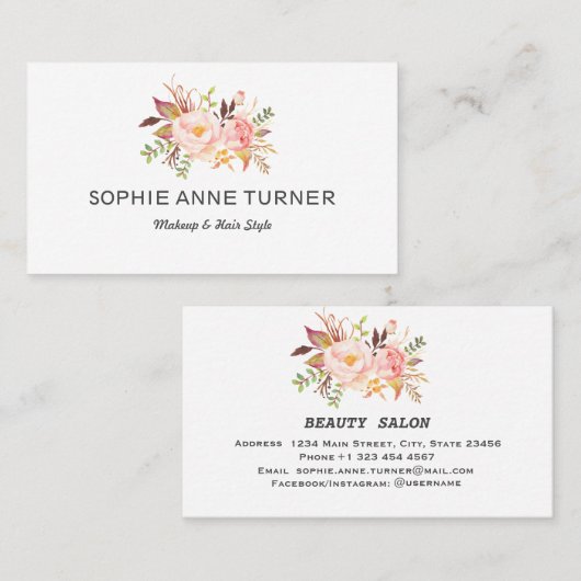 ピンクの花プロフェッショナルメイクアップヘアスタイル 名刺 (正面/裏面)