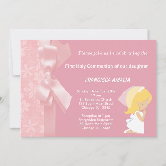 ピンクの花ホリー聖餐式 招待状 (正面)