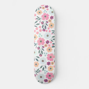 ピンクの花ボタニカルホワイトデザイン スケートボード