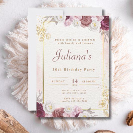 ピンクの花ボホエレガント50th誕生日パーティー 招待状