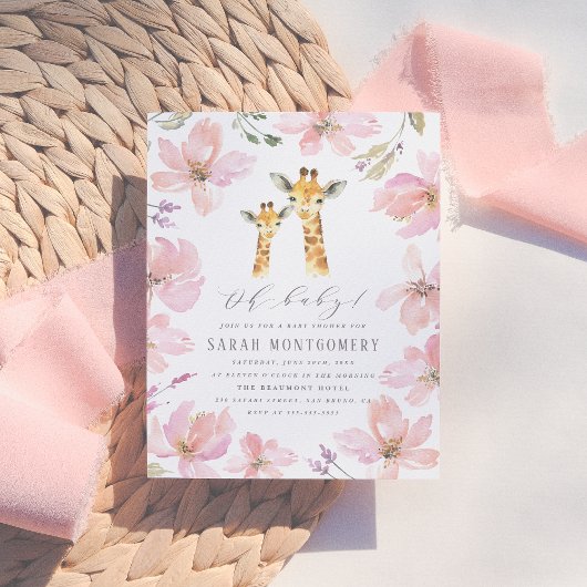 ピンクの花ママ&ベビーキリンの女の子ベビーシャワー インビテーションポストカード