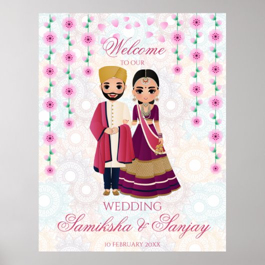 ピンクの花マンダラスインディアンカップルイラストレーション ポスター (正面)