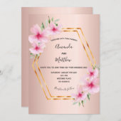 ピンクの花モチーフとローズゴールドの幾何学模様の結婚式 招待状 (正面/裏面)