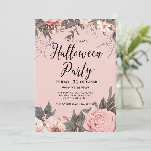 ピンクの花モチーフのゴシック ハロウィンパーティー 招待状 (スタンド正面)