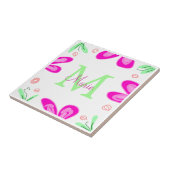 ピンクの花モノグラムの名前を追加する文字の緑の葉 タイル (側面)