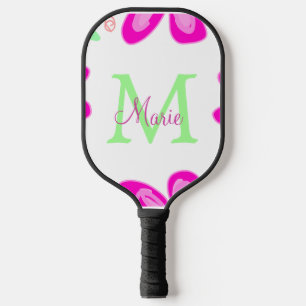ピンクの花モノグラムの名前を追加する文字の緑の葉 ピックルボールラケット