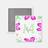 ピンクの花モノグラムの名前を追加する文字の緑の葉 マグネット (正面/裏面)