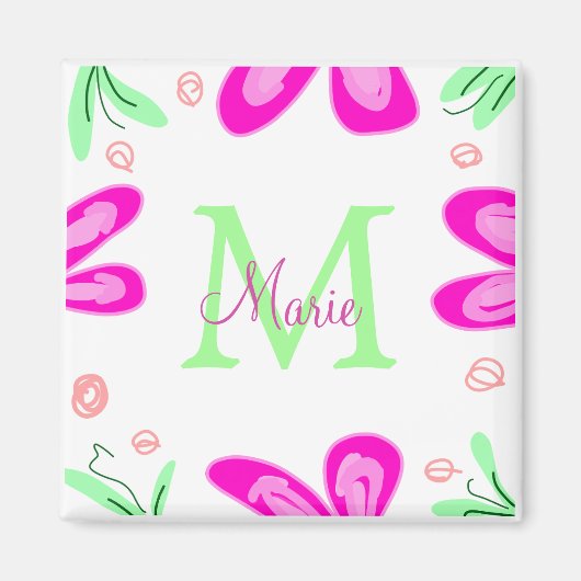 ピンクの花モノグラムの名前を追加する文字の緑の葉 マグネット (正面)