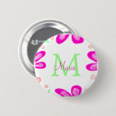 ピンクの花モノグラムの名前を追加する文字の緑の葉 缶バッジ (正面&裏面)