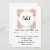 ピンクの花モノグラムの枠結婚枠 招待状 (正面/裏面)