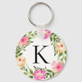ピンクの花モノグラムイニシャル キーホルダー (正面)