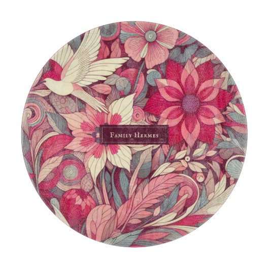 ピンクの花モリスアート カッティングボード (正面)