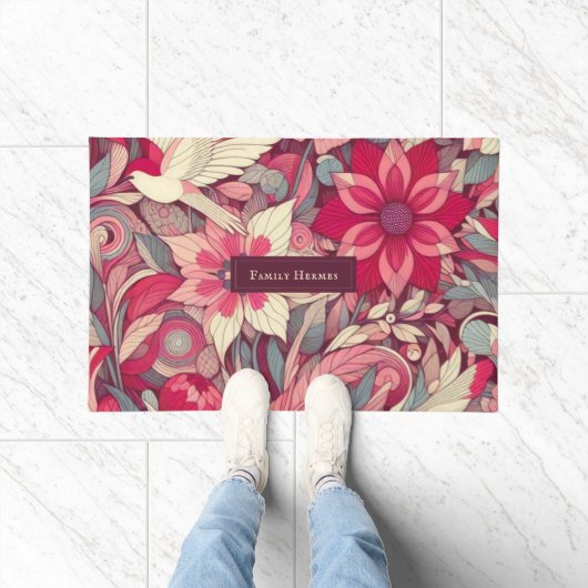 ピンクの花モリスアート ドアマット (室内)