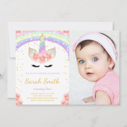 ピンクの花ユニコーン招待状と写真 招待状 (正面)
