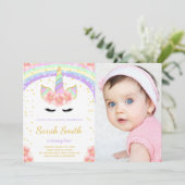 ピンクの花ユニコーン招待状と写真 招待状 (スタンド正面)