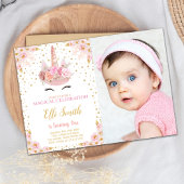 ピンクの花ユニコーン誕生日招待状w写真 招待状