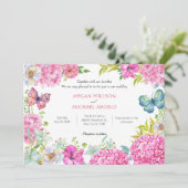 ピンクの花リースの結婚水色 招待状 (スタンド正面)