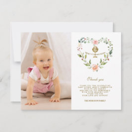 ピンクの花リースフォトガールホーリー聖餐式 サンキューカード