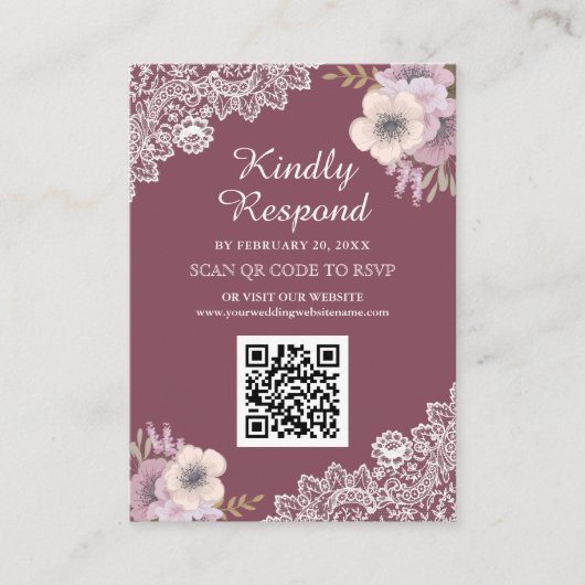 ピンクの花レースQRコードRSVP結婚式ウェブサイト エンクロージャーカード (正面)