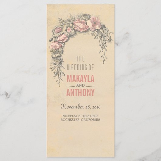 ピンクの花ヴィンテージウェディングプログラム プログラム (正面)