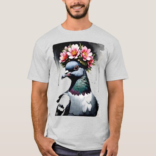 ピンクの花冠をかぶった鳩 Tシャツ (正面)