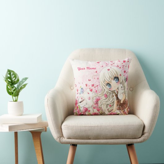 ピンクの花分野の白い猫を持つかわいい女の子 クッション (椅子)