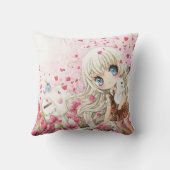 ピンクの花分野の白い猫を持つかわいい女の子 クッション (裏面)