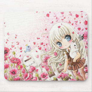 ピンクの花分野の白い猫を持つかわいい女の子 マウスパッド