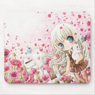 ピンクの花分野の白い猫を持つかわいい女の子 マウスパッド