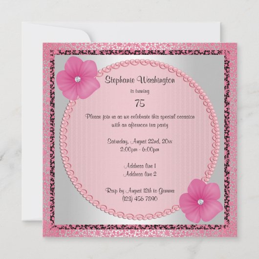ピンクの花及びレースの第75誕生会 招待状 (裏面)