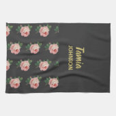 ピンクの花名前をカスタムする灰色 キッチンタオル (横)