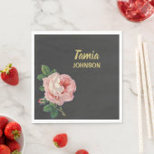 ピンクの花名前をカスタムする灰色 スタンダードランチョンナプキン (インサイチュ)