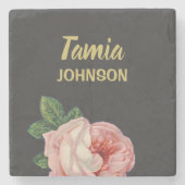 ピンクの花名前をカスタムする灰色 ストーンコースター (正面)