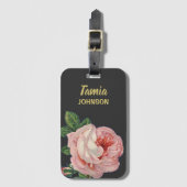 ピンクの花名前をカスタムする灰色 ラゲッジタグ (正面縦)