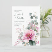 ピンクの花咲くユーカリ ゴールドラメ 水彩画 招待状 (スタンド正面)