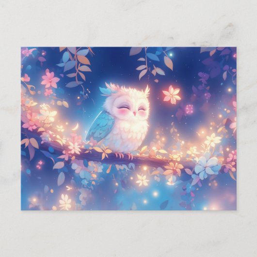 ピンクの花園で甘くうたた寝するフクロウ ポストカード (正面)