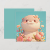 ピンクの花園に佇むかわいい3D粘土ラッコのポストカード (正面/裏面)