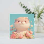 ピンクの花園に佇むかわいい3D粘土ラッコのポストカード (スタンド正面)