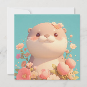 ピンクの花園に佇むかわいい3D粘土ラッコのポストカード