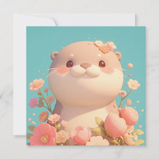 ピンクの花園に佇むかわいい3D粘土ラッコのポストカード (正面)