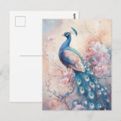 ピンクの花園に佇む壮麗な青いクジャク ポストカード (正面/裏面)