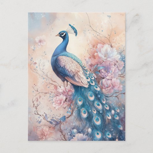 ピンクの花園に佇む壮麗な青いクジャク ポストカード (正面)