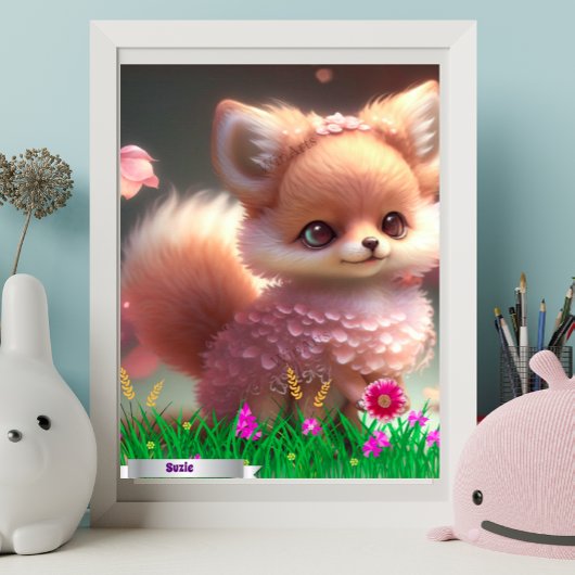 ピンクの花園の可愛いキツネ オーダーメイド ポスター