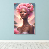 ピンクの花園の黒人女性 キャンバスプリント (インサイチュ (ウッドフロア))